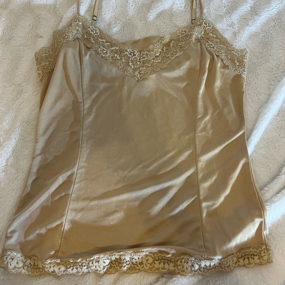 Elegant Gold Satin Camisole with Lace Trim by Victoria’s Secret